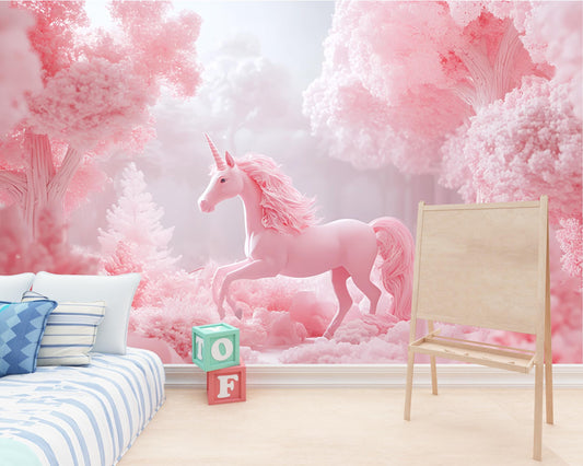 Pink Unicorn Forest Wall Mural | Dreamy Fantasy Wallpaper for Kids Room | Whimsical Pastel Nursery Decor Vn 299