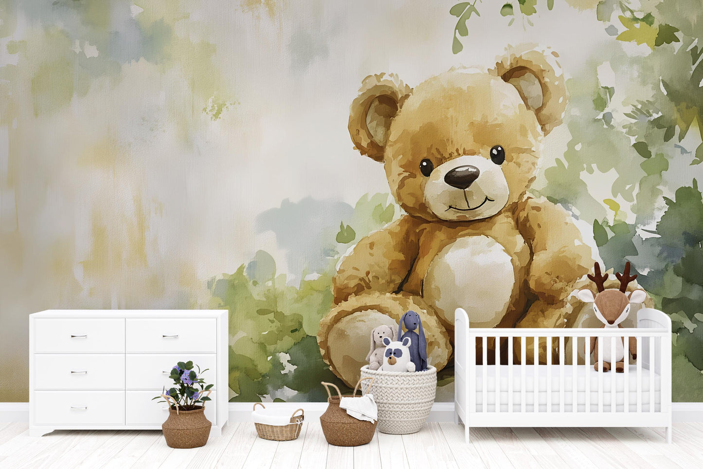 Teddy Bear Nursery Wall Mural - Cute Forest Animal Wallpaper - Baby Room Decor - Woodland Themed Nursery Art Vn554