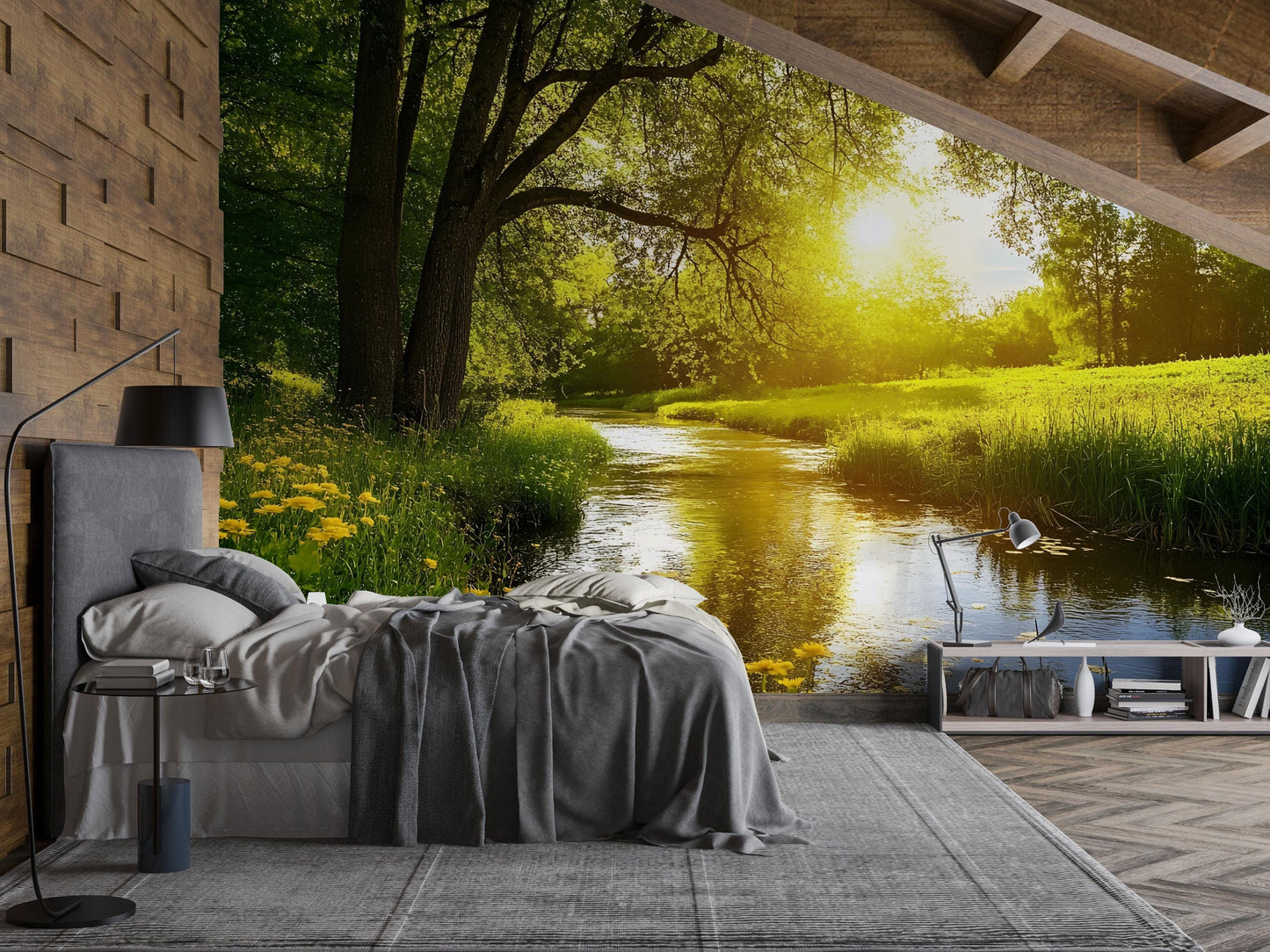 Peaceful Forest River Wall Mural for Bedroom | Tranquil Nature Sunset Wallpaper | Serene Tree Landscape Mural Decor Vn689