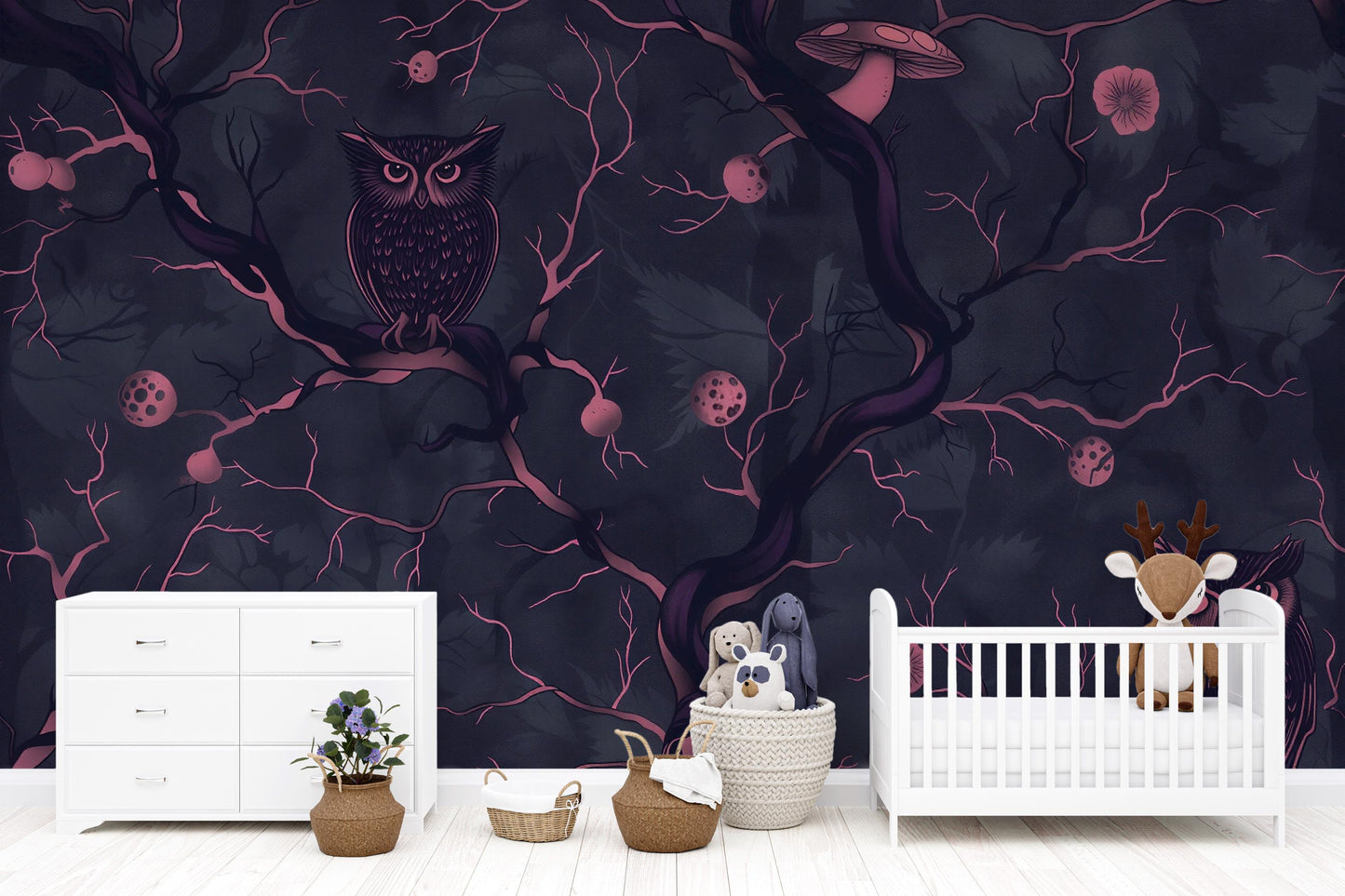 Dark Owl Forest Wallpaper – Enchanted Woodland Wall Mural Vn1096