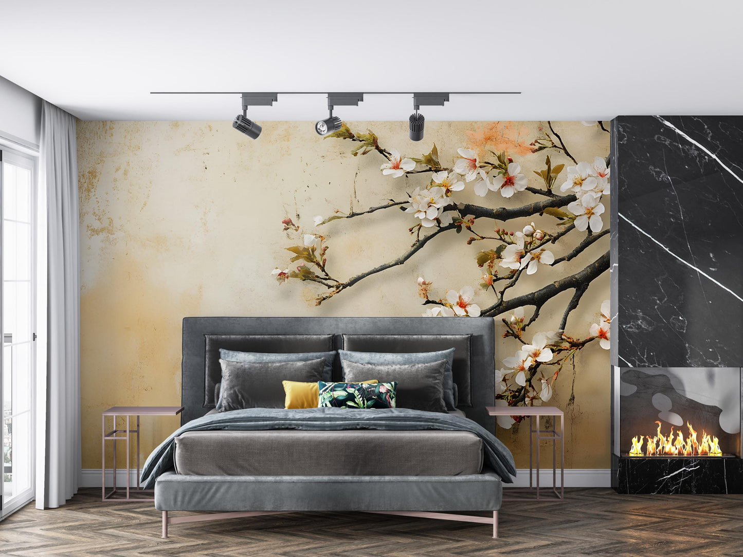 Cherry Blossom Wall Mural – Japanese Floral Branch Wallpaper for Bedroom Decor, Elegant Nature-Inspired Accent Wall Art Vn489