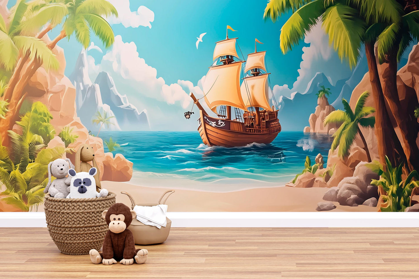 Pirate Ship Wall Mural for Kids Room – Nautical Ocean Adventure Theme Wallpaper – Boys Nursery or Playroom Art Décor Vn 306