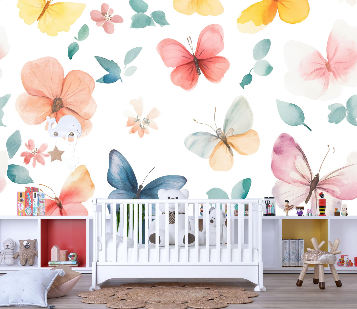 Butterfly Flower Wall Mural for Kids Room – Pastel Boho Wallpaper for Nursery or Playroom Vn630