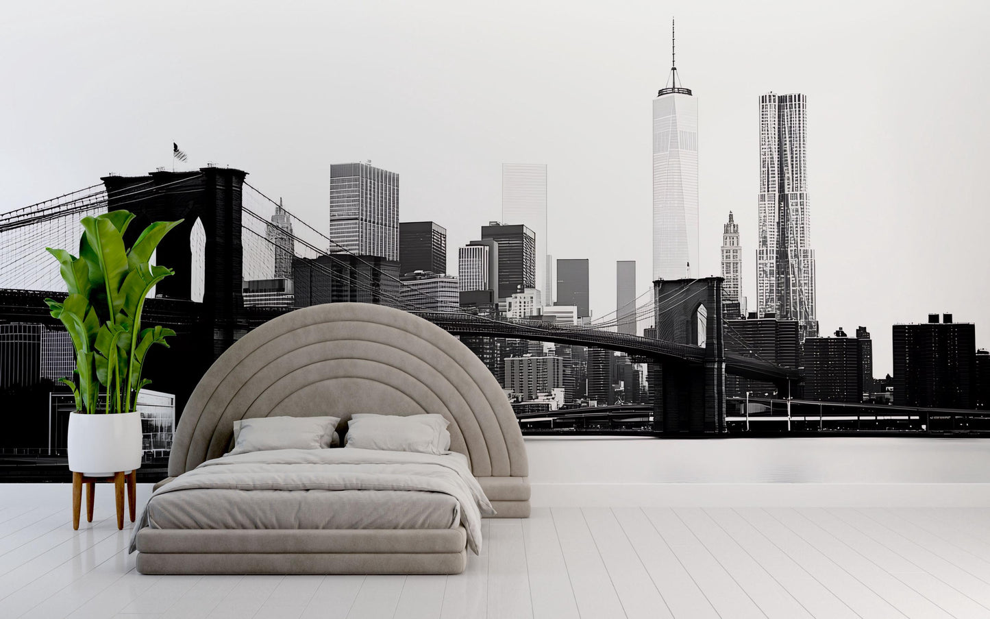 Brooklyn Bridge Wall Mural – NYC Skyline Black White Wallpaper, Modern City Art Vn886