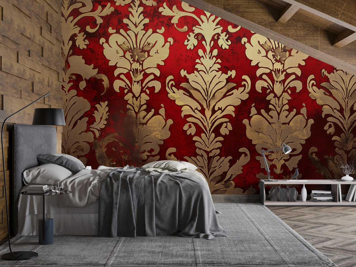 Luxury Red & Gold Damask Wall Mural – Baroque Elegant Accent Wallpaper Vn635
