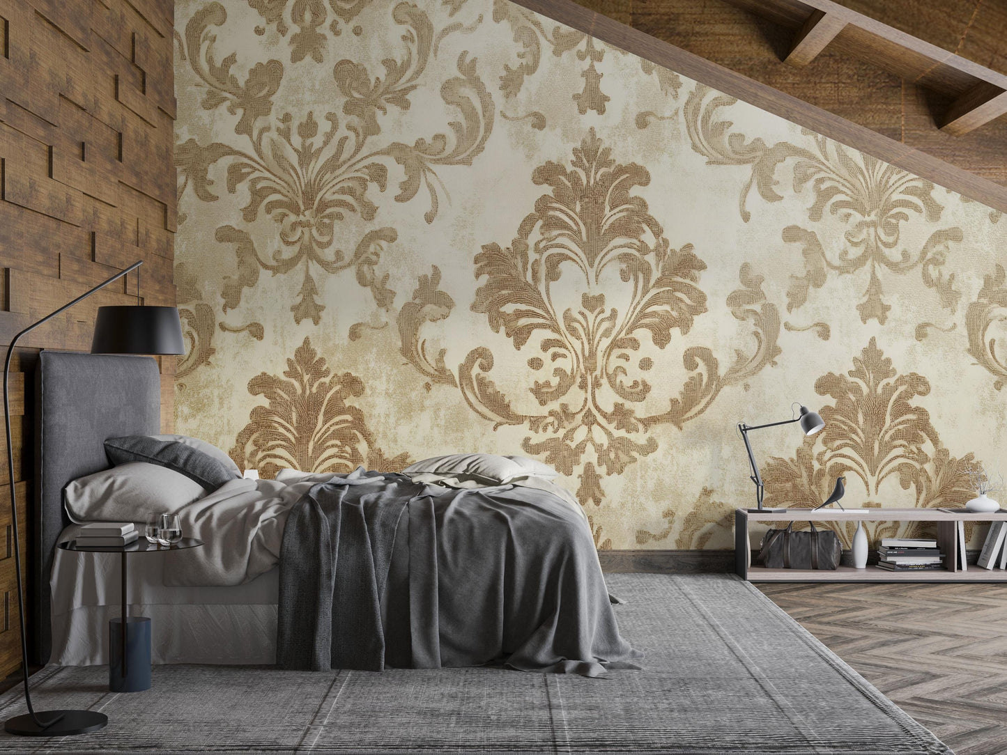 Luxury Modern Bed with Velvet Upholstery, Unique Arched Headboard, Glam Bedroom Decor, Minimalist Floor Bed, Neutral Tones Vn634