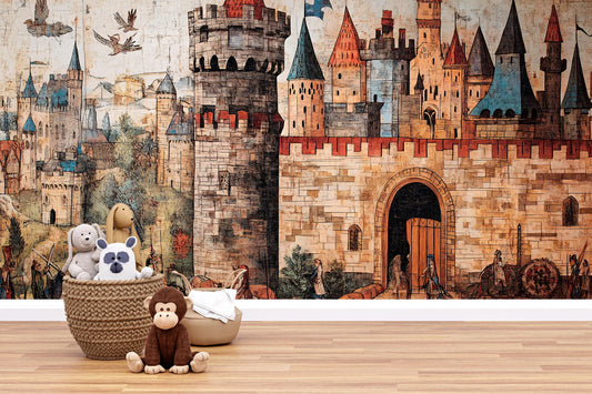 Medieval Castle Wall Mural for Kids Room – Fantasy Fairytale Tapestry Wallpaper – Boys & Girls Nursery Decor – Removable Wall Art Vn186