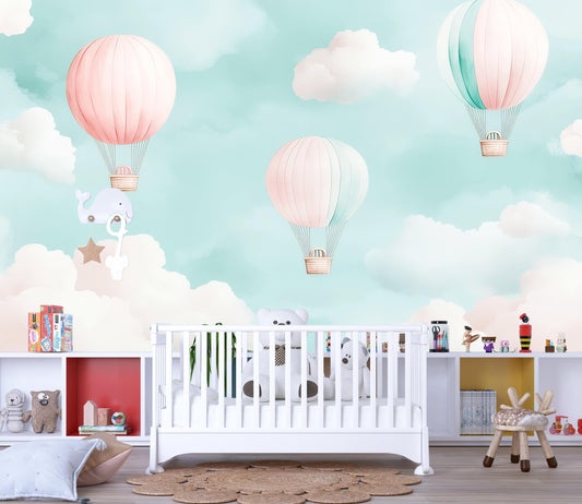 Hot Air Balloon Mural – Cloud Sky Nursery Wallpaper Baby Room Decor Vn994