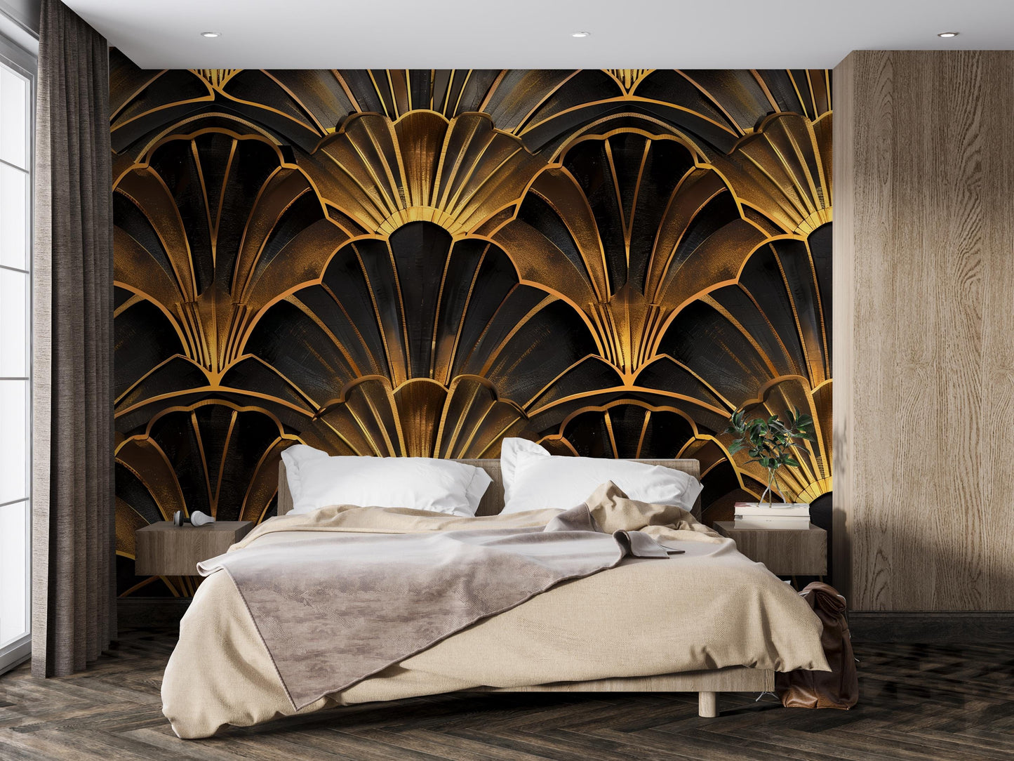 Art Deco Gold Wall Mural – Luxury Scallop Fan Pattern Wallpaper for Bedroom, Living Room & Office Decor Vn1087