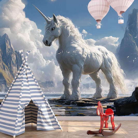 Fantasy Unicorn Wall Mural for Kids Room - Majestic Mythical Horse Wallpaper - Nursery Decor with Hot Air Balloons and Teepee Tent Vn026