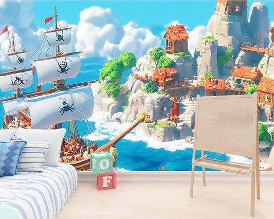 Pirate Ship Adventure Wall Mural | Kids Room Ocean Wallpaper | Nautical Pirate Theme Playroom Decor | Fantasy Island Wall Art Vn 308