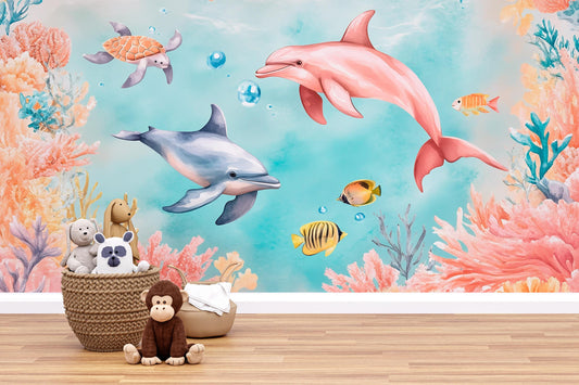 Colorful Dolphin Wall Mural – Ocean Underwater Kids Wallpaper with Fish & Coral Vn985