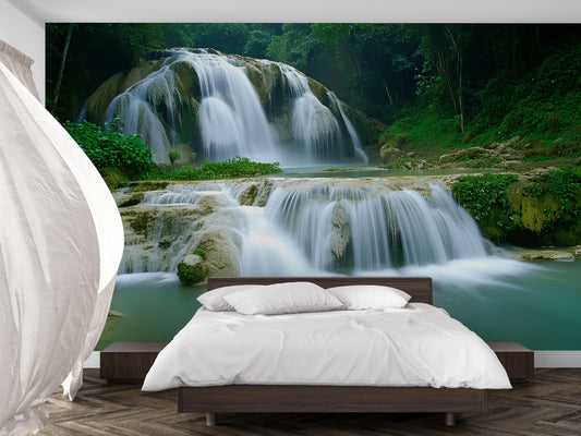 Waterfall Wall Mural for Bedroom – Tranquil Nature Scene Wallpaper – Forest Waterfall Accent Wall Décor – Scenic Photo Wall Art Vn701