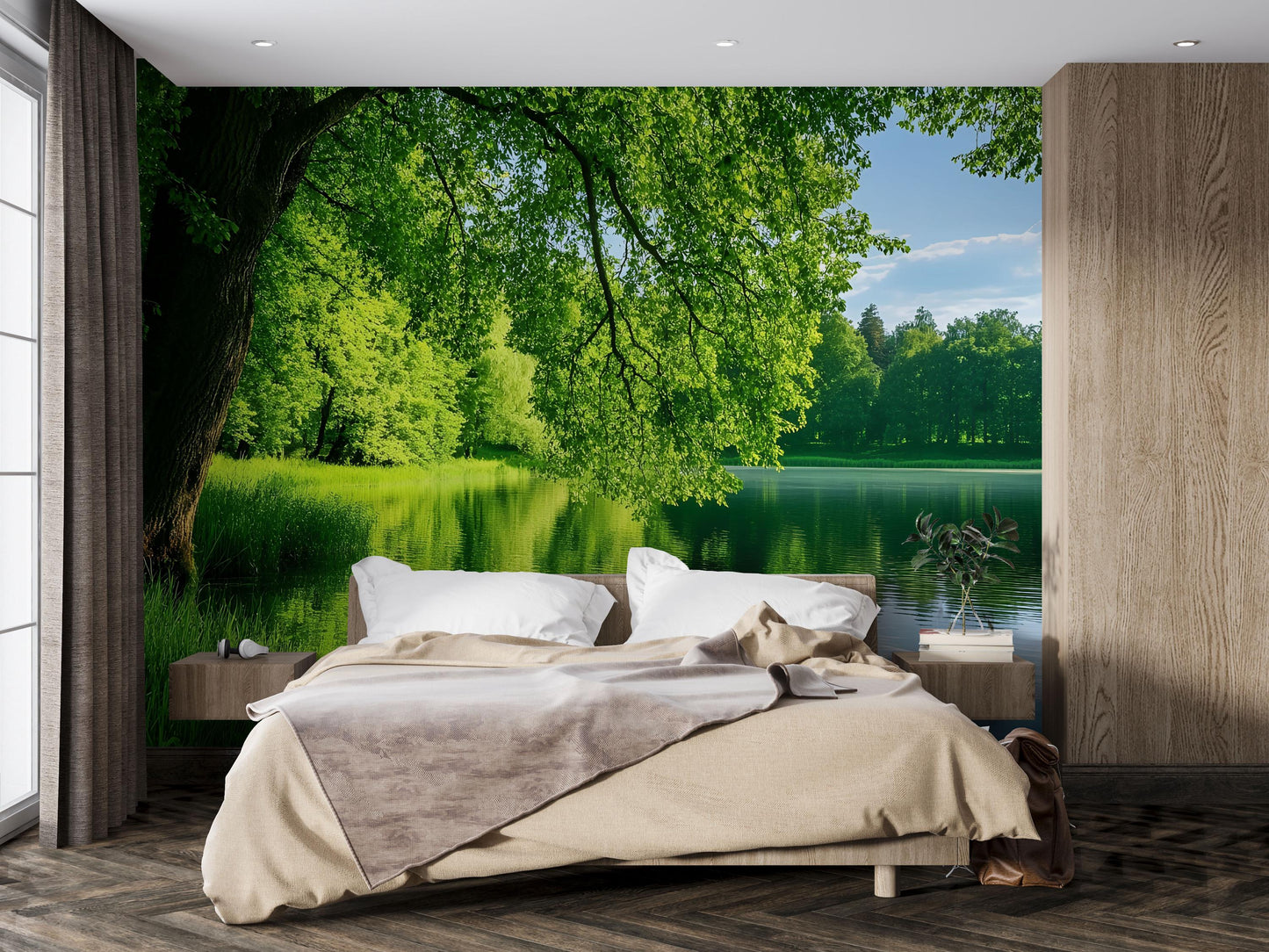 Nature Lake Forest Wall Mural, Scenic Bedroom Wallpaper, Tranquil Green Landscape Decor Vn692