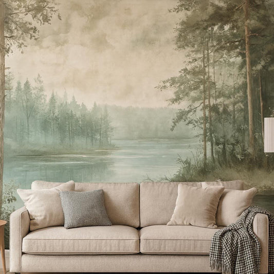 Misty Forest Lake Wall Mural – Nature Landscape Wallpaper Vn972