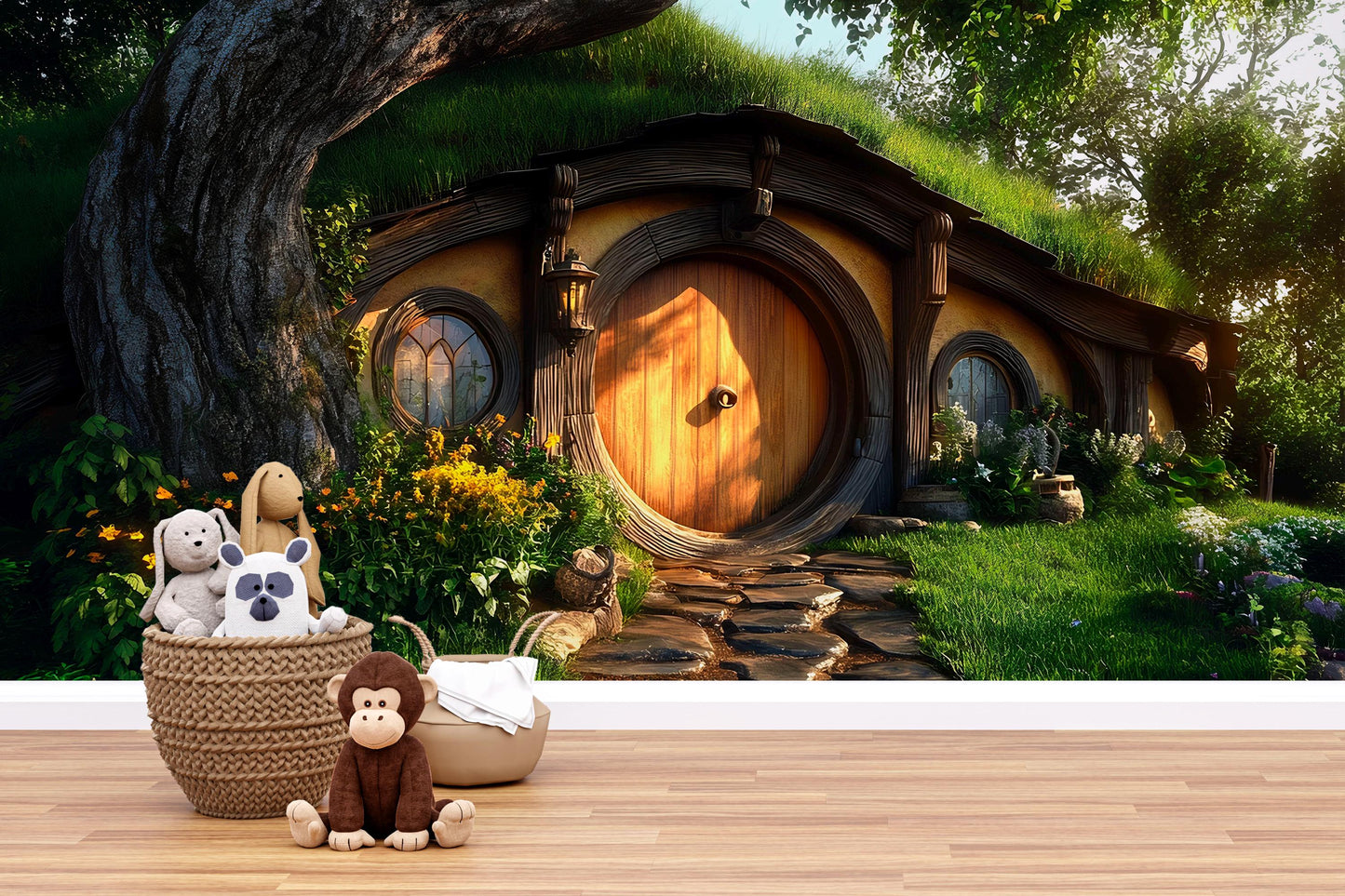 Whimsical Hobbit House Wall Mural for Kids Room – Fantasy Forest Nature Scene for Playroom, Nursery, or Cozy Nook Decor Vn602