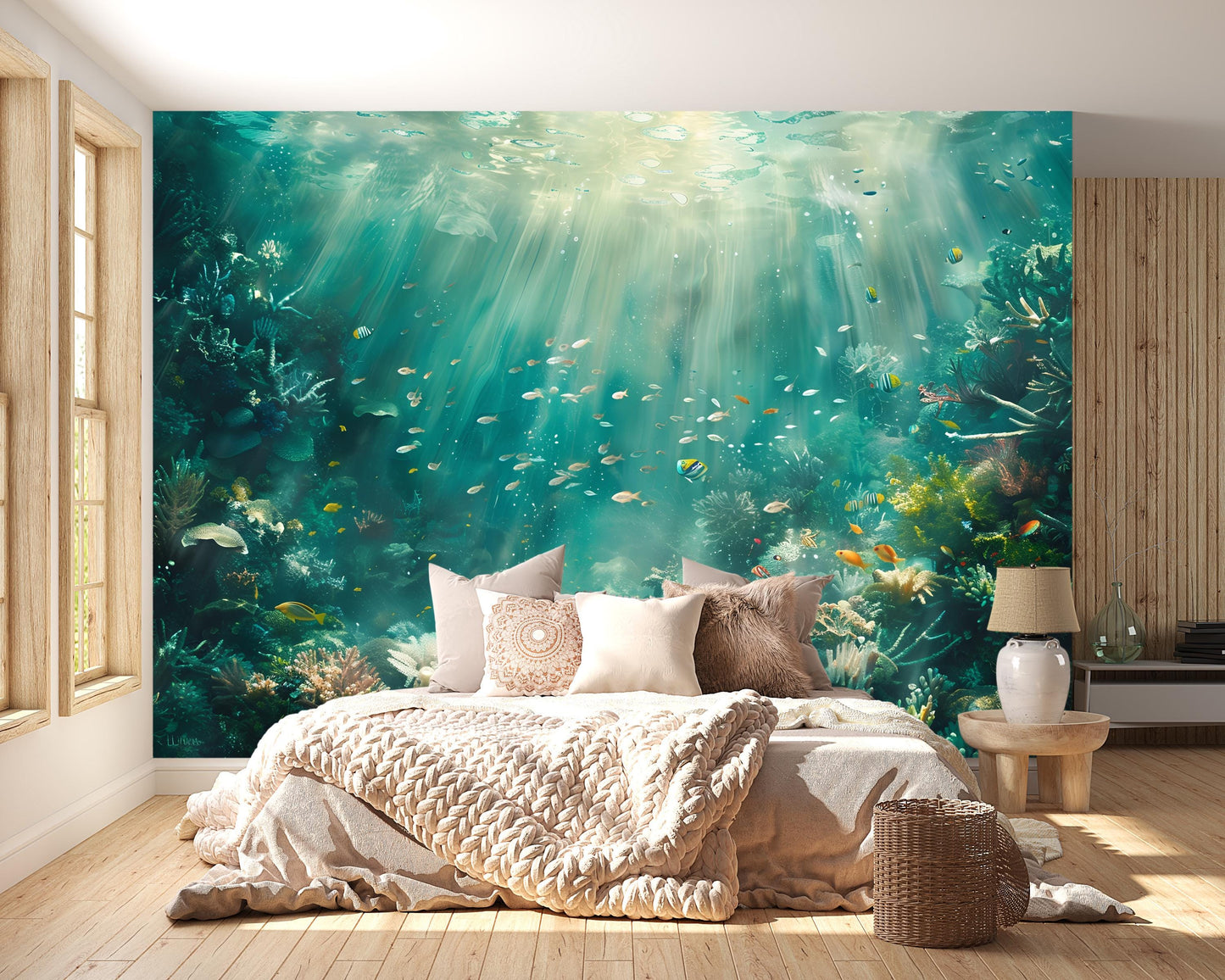 Underwater Ocean Wall Mural – Coral Reef & Fish Wallpaper, Aquatic Sea Life Accent Wall Decor for Bedroom or Living Room Vn1067