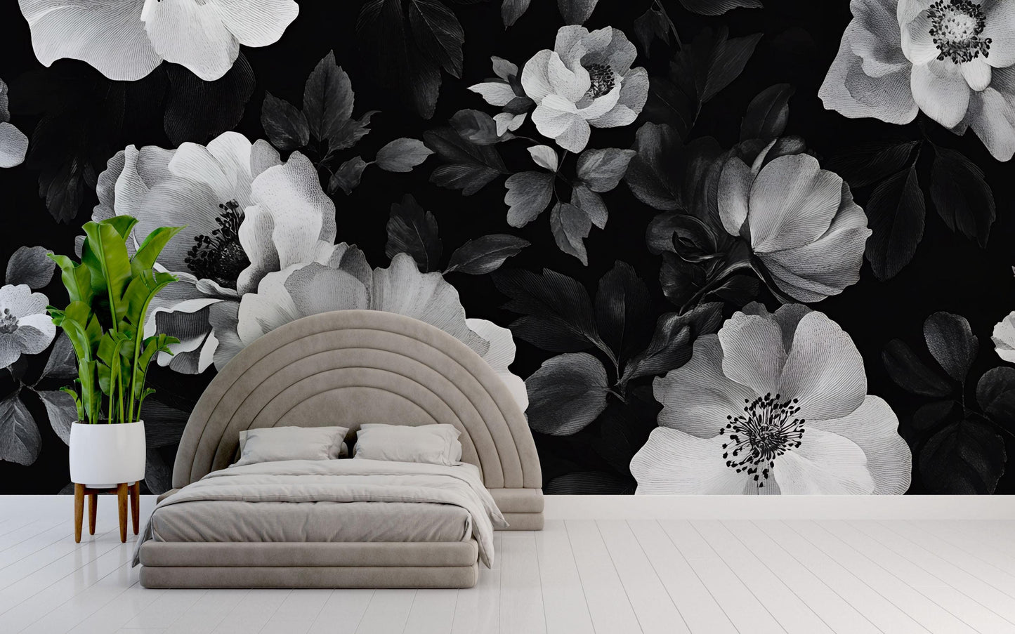 Black and White Floral Wall Mural, Oversized Peony Wallpaper for Bedroom Vn641