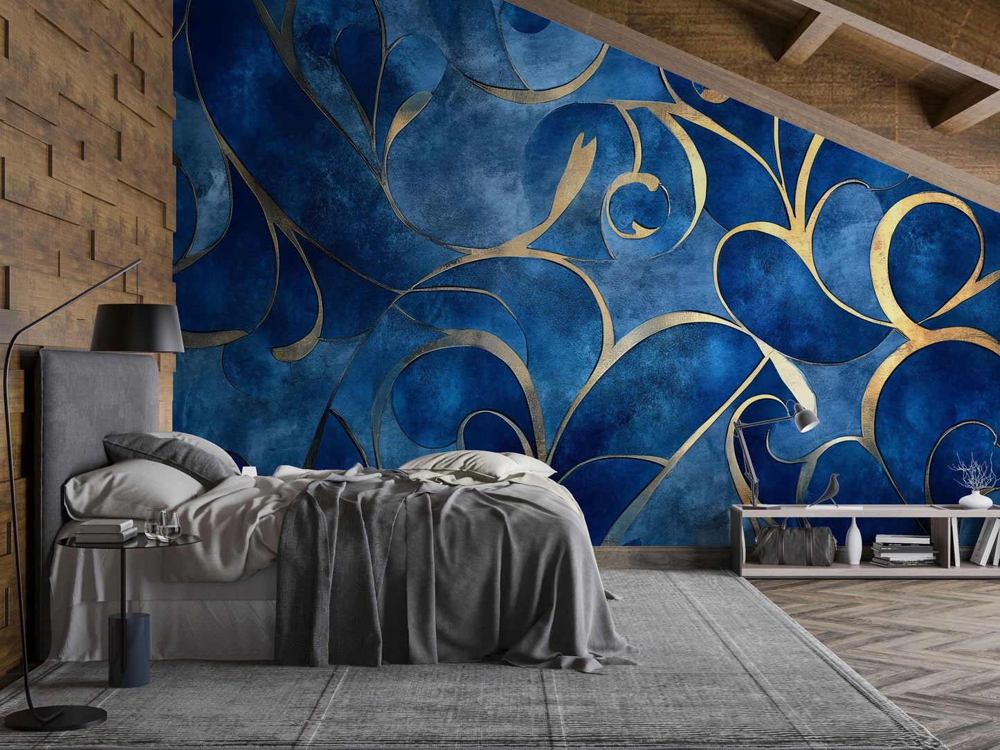 Luxury Blue and Gold Abstract Wall Mural – Modern Elegant Bedroom Feature Wallpaper Vn772