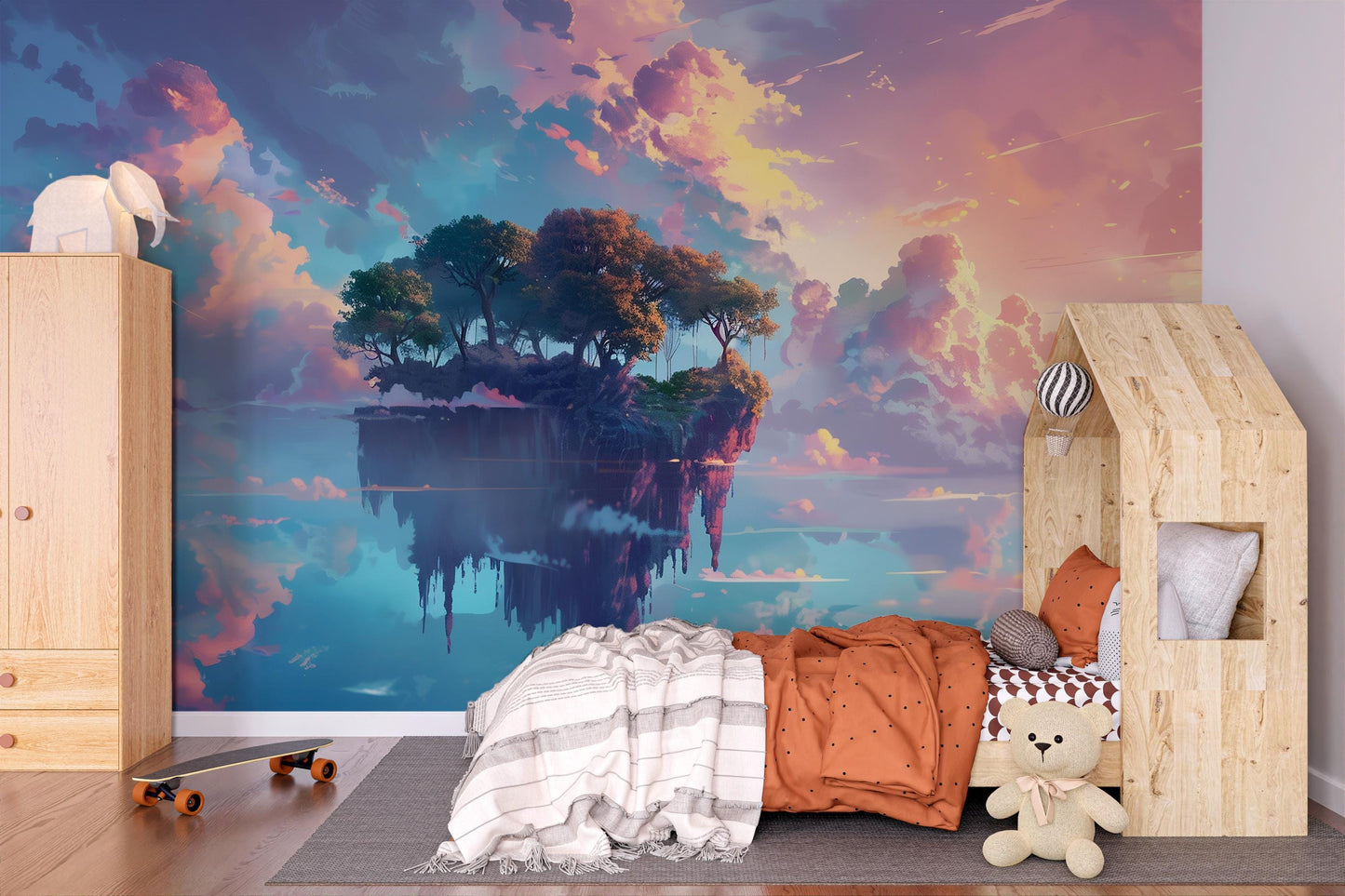 Fantasy Floating Island Wall Mural – Dreamy Sky Landscape Wallpaper for Kids Bedroom, Playroom or Creative Spaces Vn1084