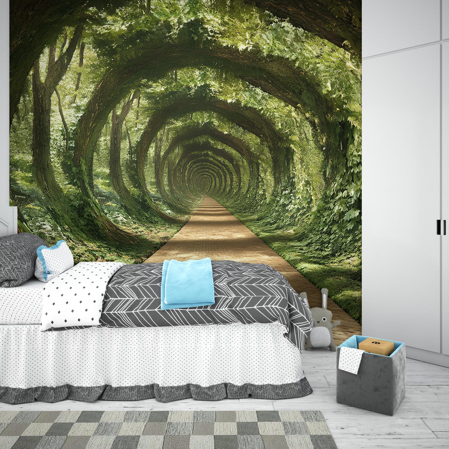 Forest Tunnel Wall Mural for Bedroom – Nature Path Illusion Wallpaper – 3D Green Archway Wall Art Décor Vn579