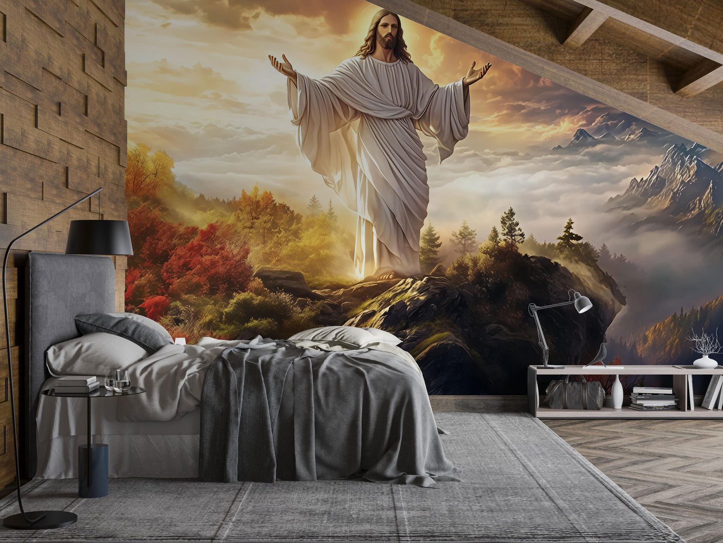 Jesus Wall Mural - Christian Bedroom Decor - Religious Jesus Christ Wallpaper - Inspirational Faith Mural Art - Jesus and Nature Vn609