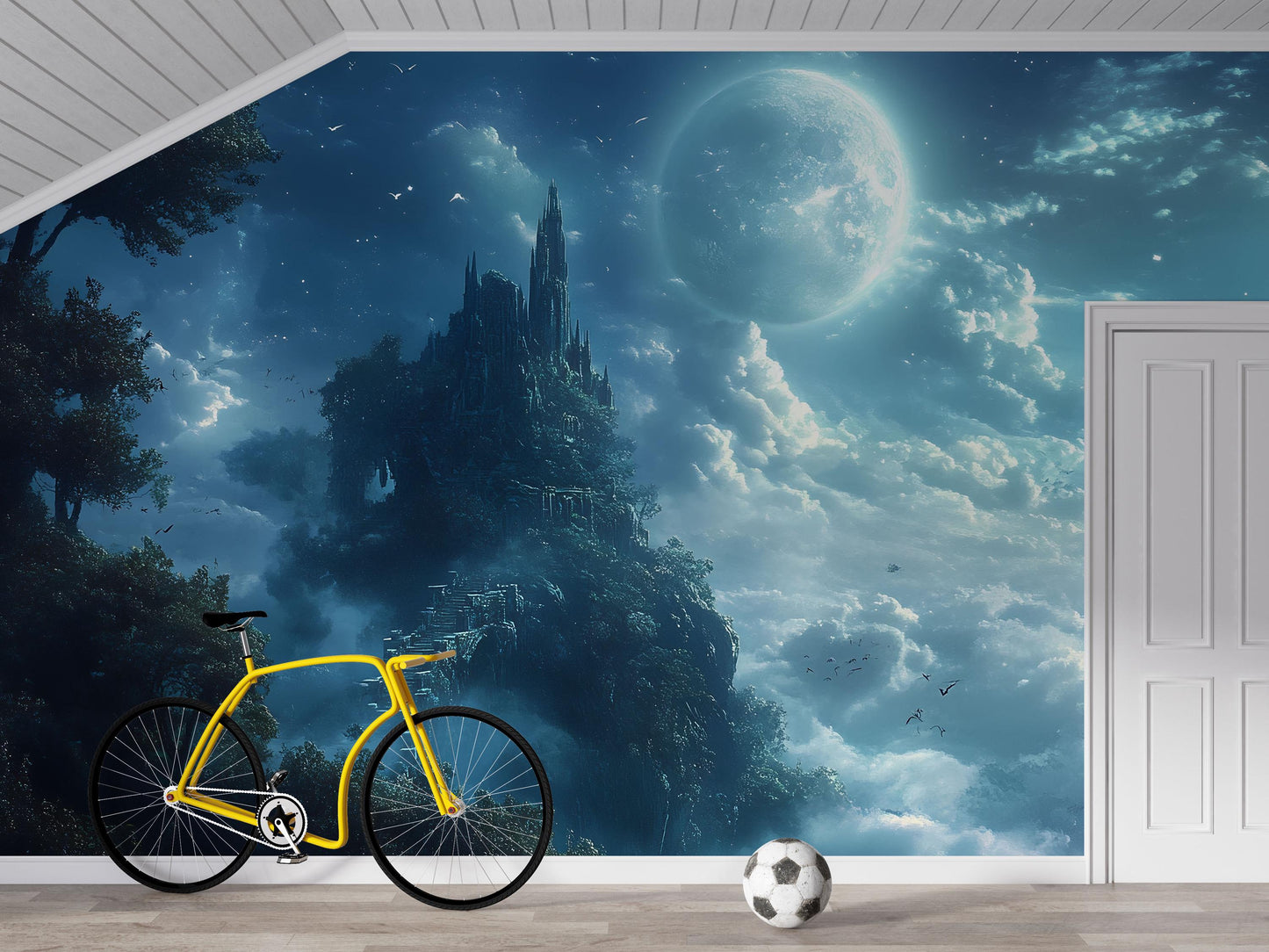 Moonlit Fantasy Castle Wall Mural – Enchanted Night Sky Wallpaper, Magical Accent Wall for Kids Bedroom Vn867