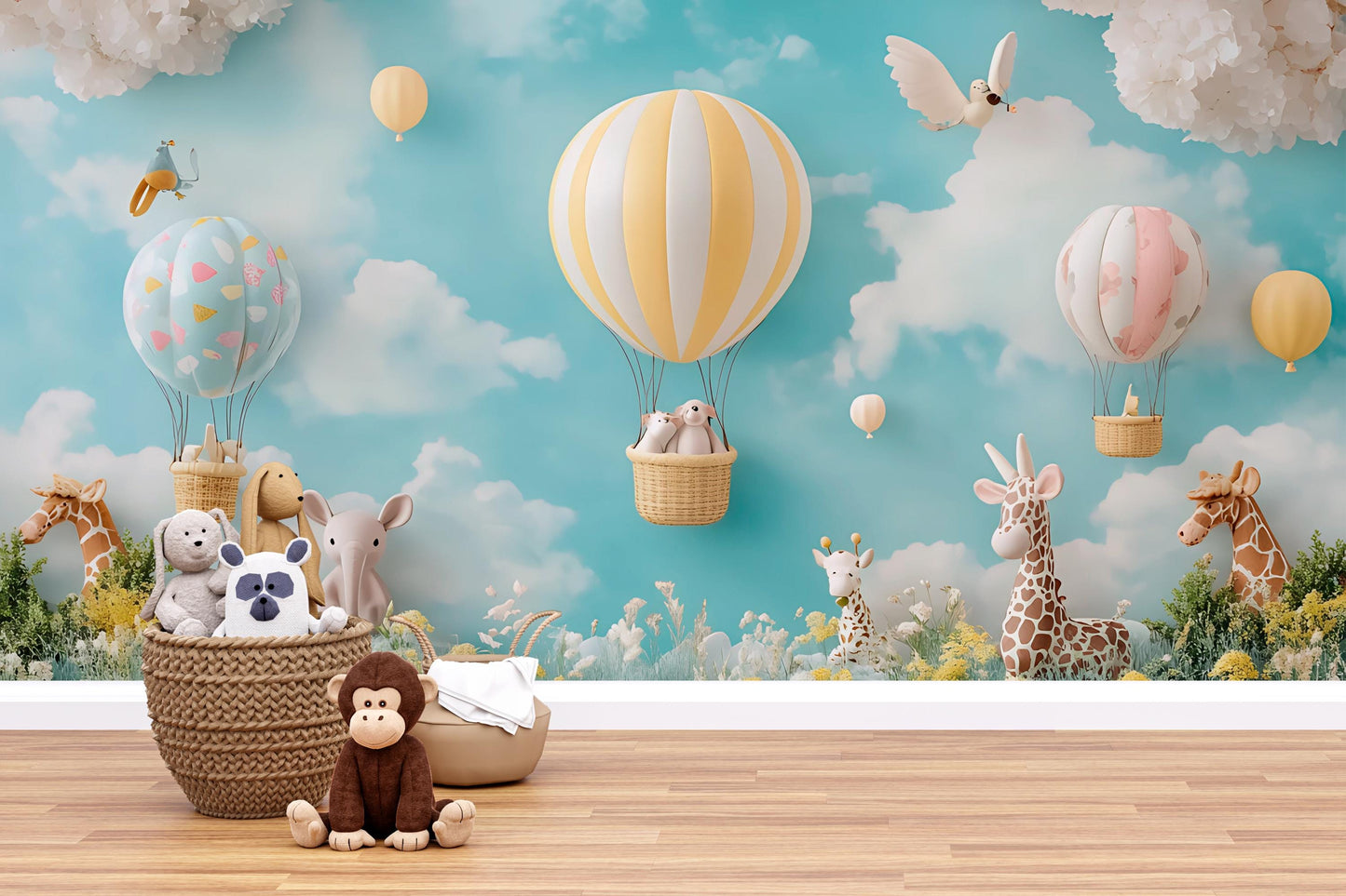 Hot Air Balloon Nursery Wall Mural – Animal Baby Room Wallpaper – Gender Neutral Kids Decor – Safari Theme Sky Wall Art Vn375