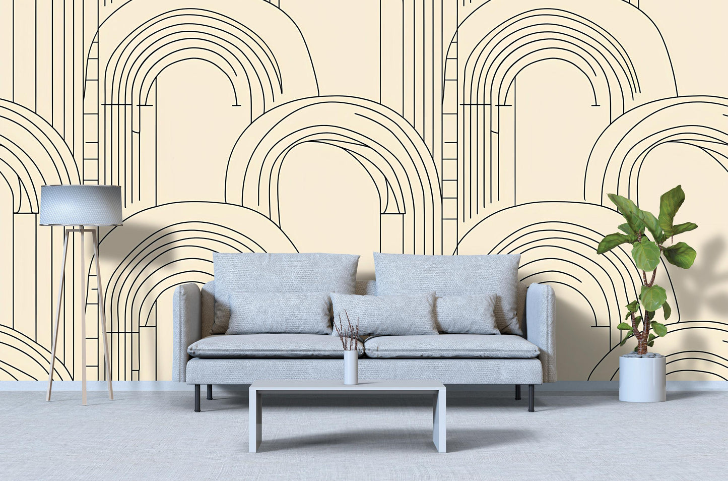 Beige Arch Line Art Wallpaper – Modern Minimalist Geometric Wall Mural Vn1093