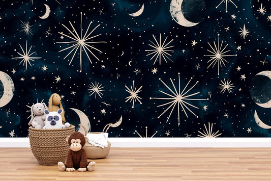 Celestial Star Wallpaper – Night Sky Moon and Stars Wall Mural for Bedroom or Nursery Vn1012