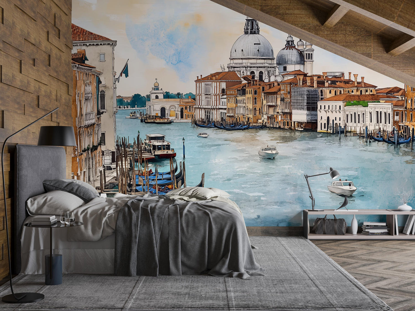Venice Grand Canal Basilica Wall Mural – Italy Watercolor Gondola Wallpaper for Bedroom & Living Room Vn920