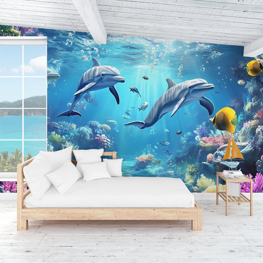 Underwater Ocean Dolphin Wall Mural – 3D Sea Life Wallpaper for Kids Bedroom or Beach House – Coral Reef Marine Theme Décor Vn011