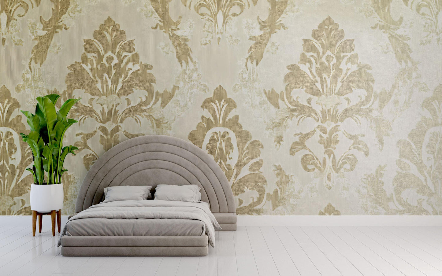 Modern Minimalist Floor Bed with Semi-Circle Headboard | Neutral Grey Upholstered Platform Bed | Low Profile Bed Frame Vn636