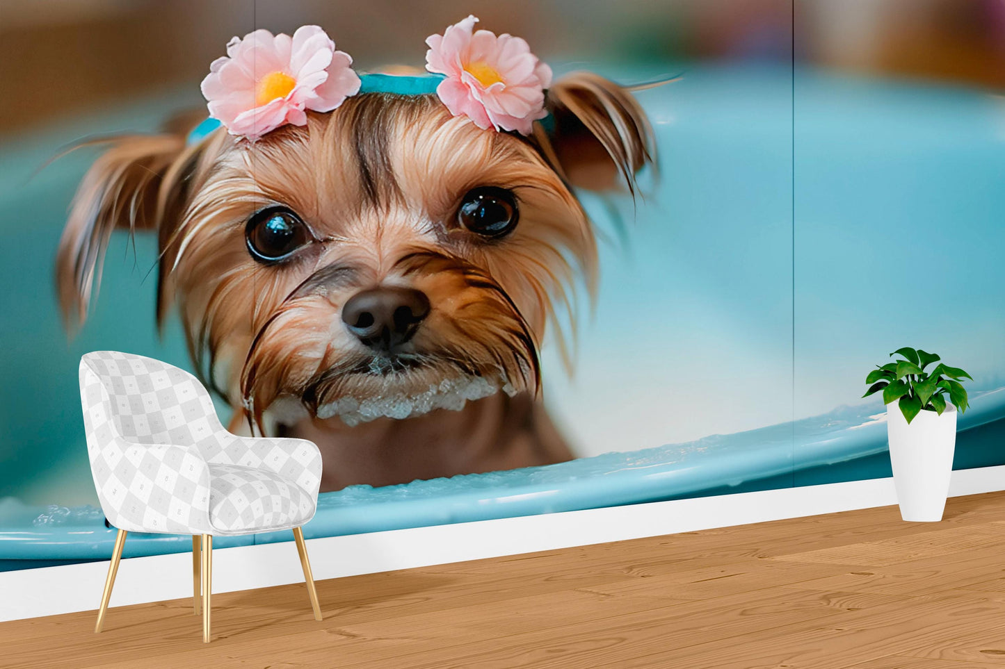 Cute Yorkie Dog Wall Mural - Bathtime Puppy Decor - Flower Crown Art Print - Whimsical Pet Room Wallpaper - Dog Lover Gift Vn680