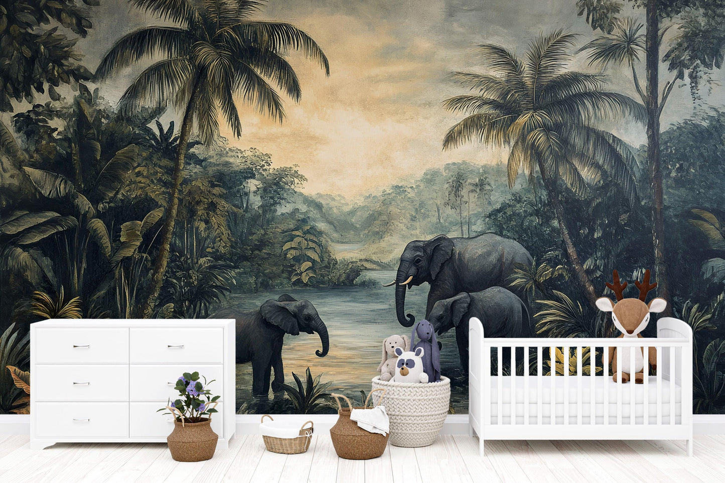 Elephant Jungle Safari Kids Wall Mural – Wildlife Nursery Adventure Wallpaper  Vn833