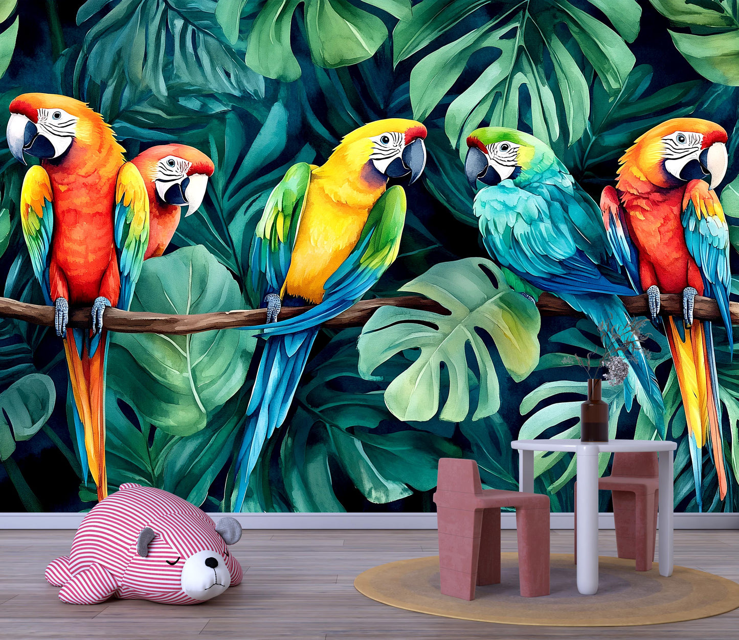 Tropical Parrot Wall Mural – Colorful Jungle Nursery Decor Vn960