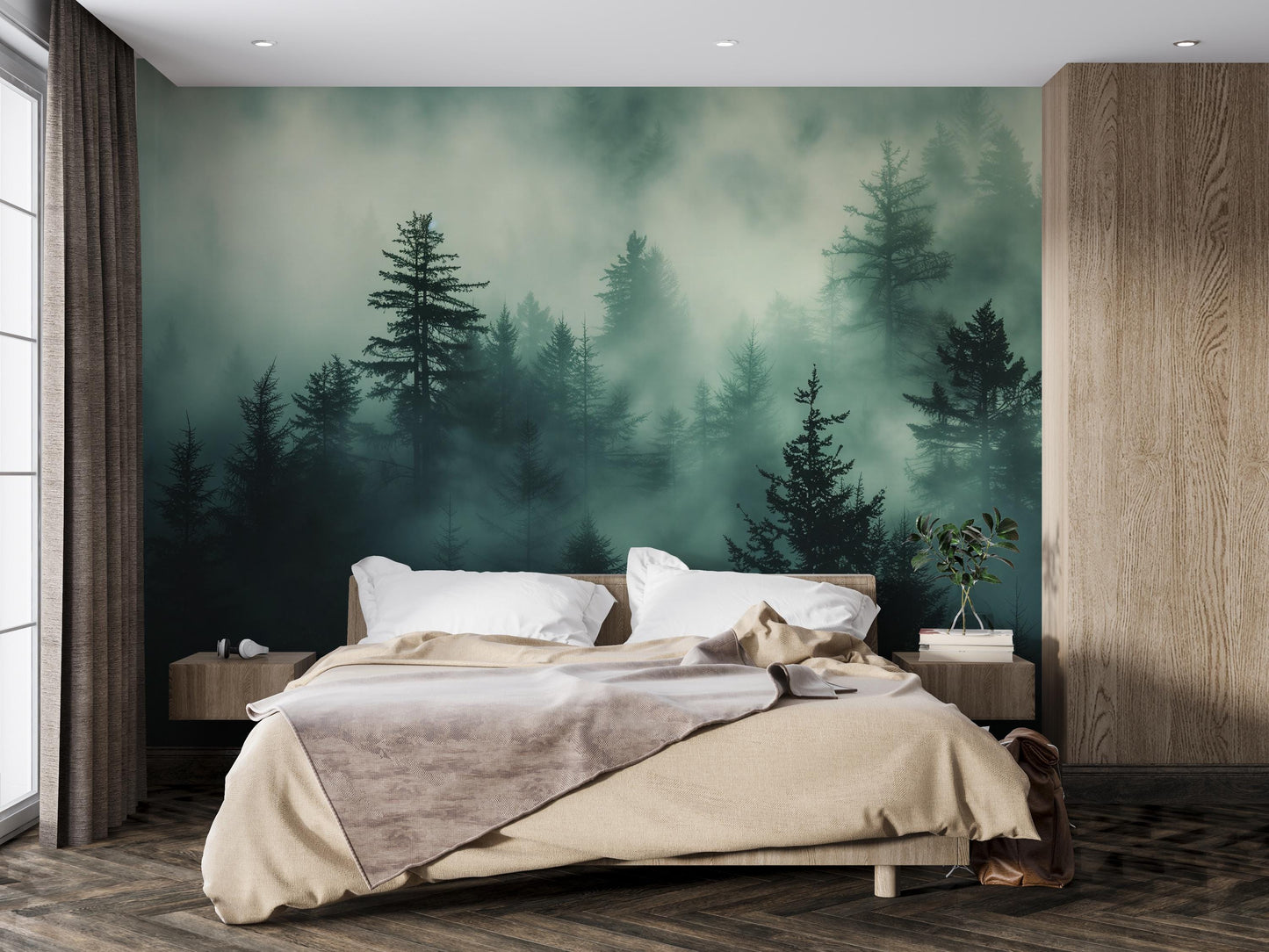 Misty Forest Wall Mural – Dark Green Woodland Wallpaper, Foggy Pine Tree Nature Accent Wall Decor for Bedroom or Living Room Vn1074