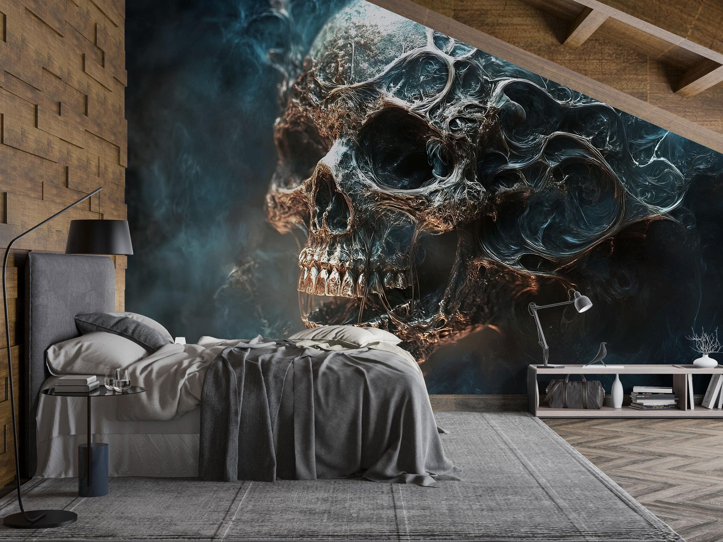 Surreal Skull Wall Mural | Gothic Abstract Art Wallpaper | Dark Fantasy Skull Tapestry | Edgy Bedroom Wall Decor Vn716