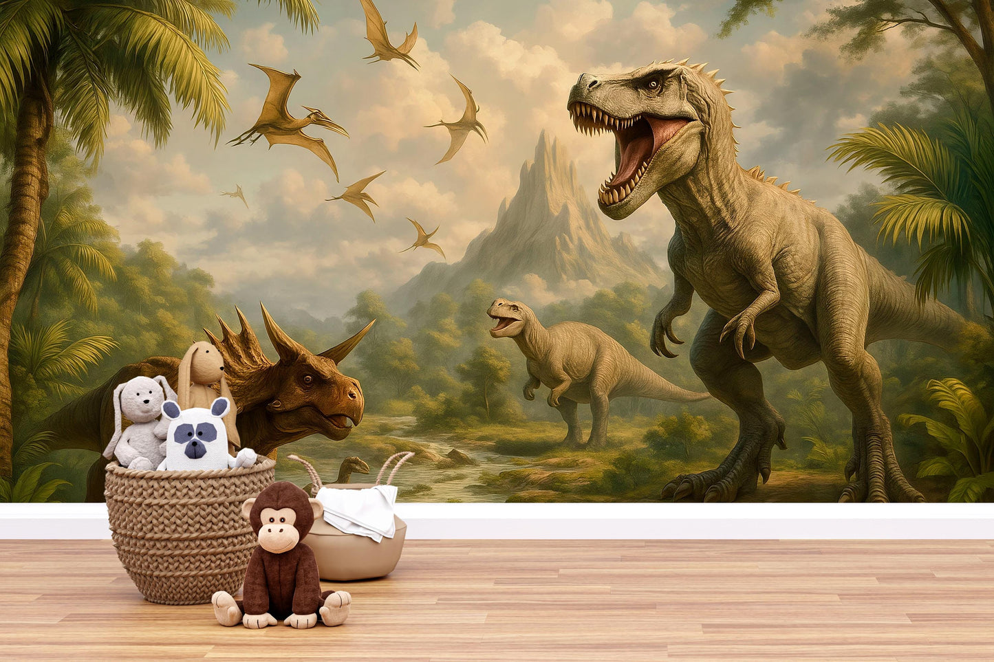 Dinosaur Nursery Wall Mural – T Rex Jungle Wallpaper for Kids Room Vn897