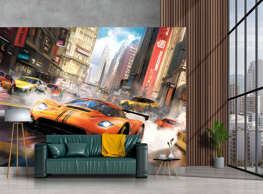 Racing Car Wall Mural – Urban Street Race Scene, Sports Car Wallpaper, Boys Room Decor, Gamer Wall Art Vn049