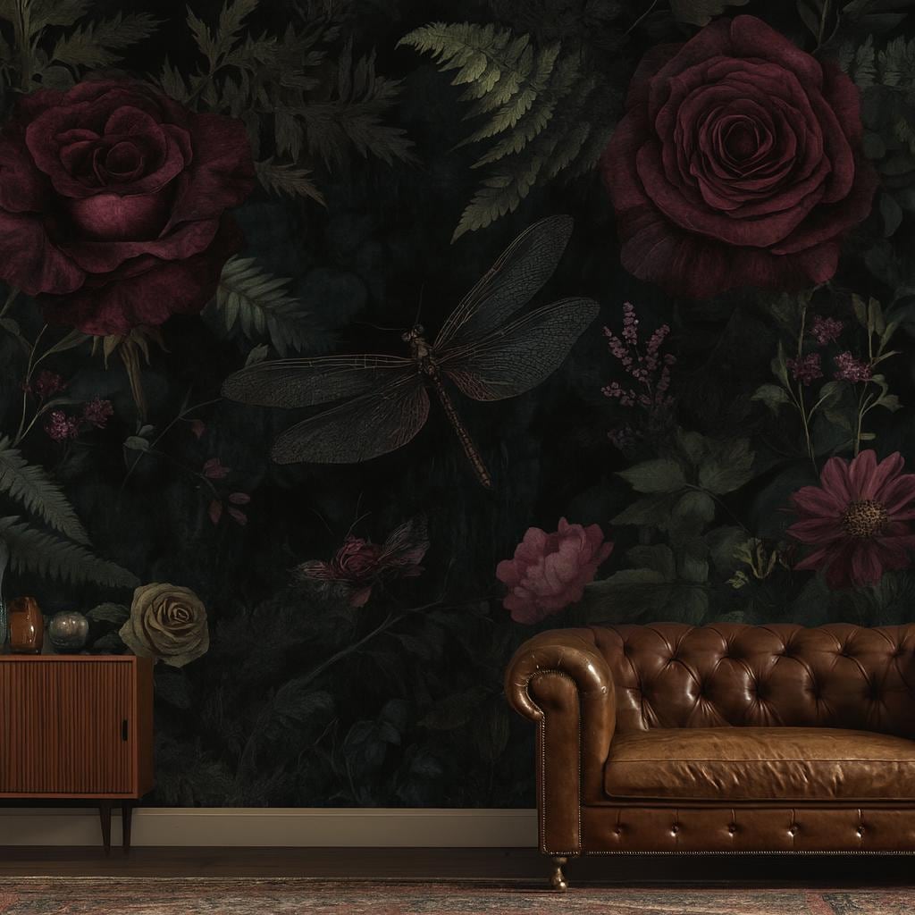 Dark Red Rose & Dragonfly Wall Art – Gothic Botanical Print Vn957