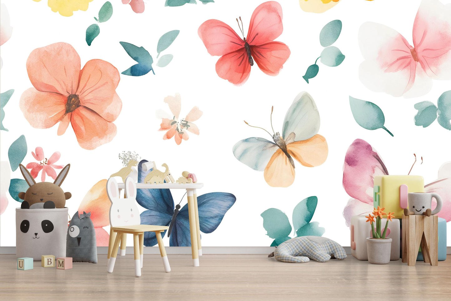 Butterfly Flower Wall Mural for Kids Room – Pastel Boho Wallpaper for Nursery or Playroom Vn630