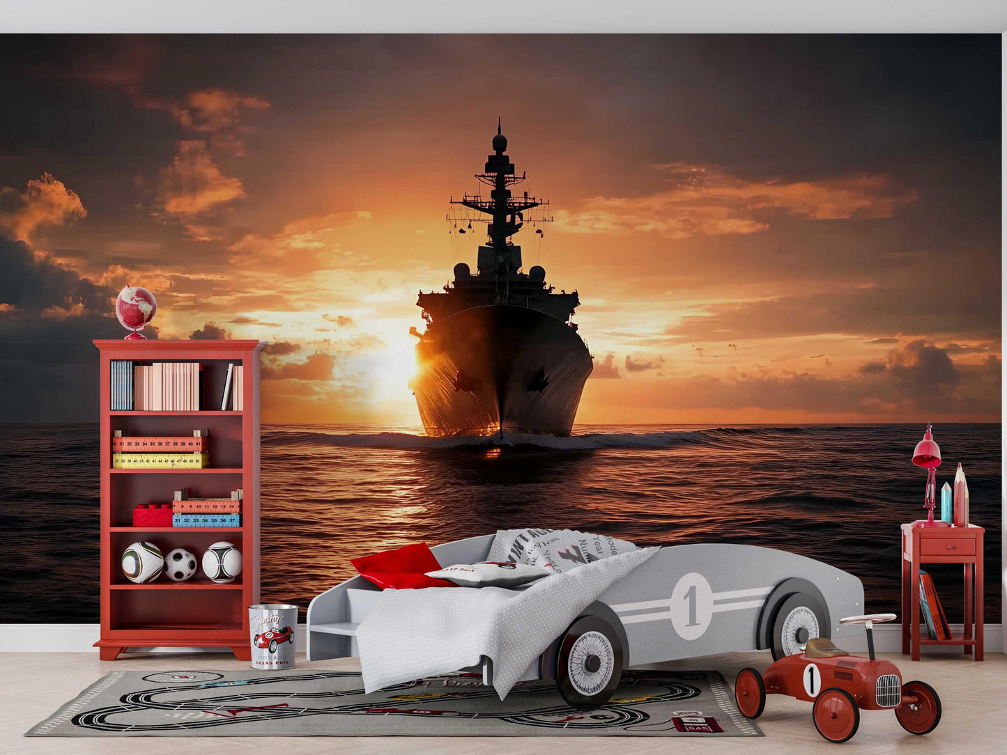 Nautical Kids Bedroom Decor Set with Ship Sunset Wall Mural & Bear Bedding | Ocean Theme Boy Room Furniture Set Vn452