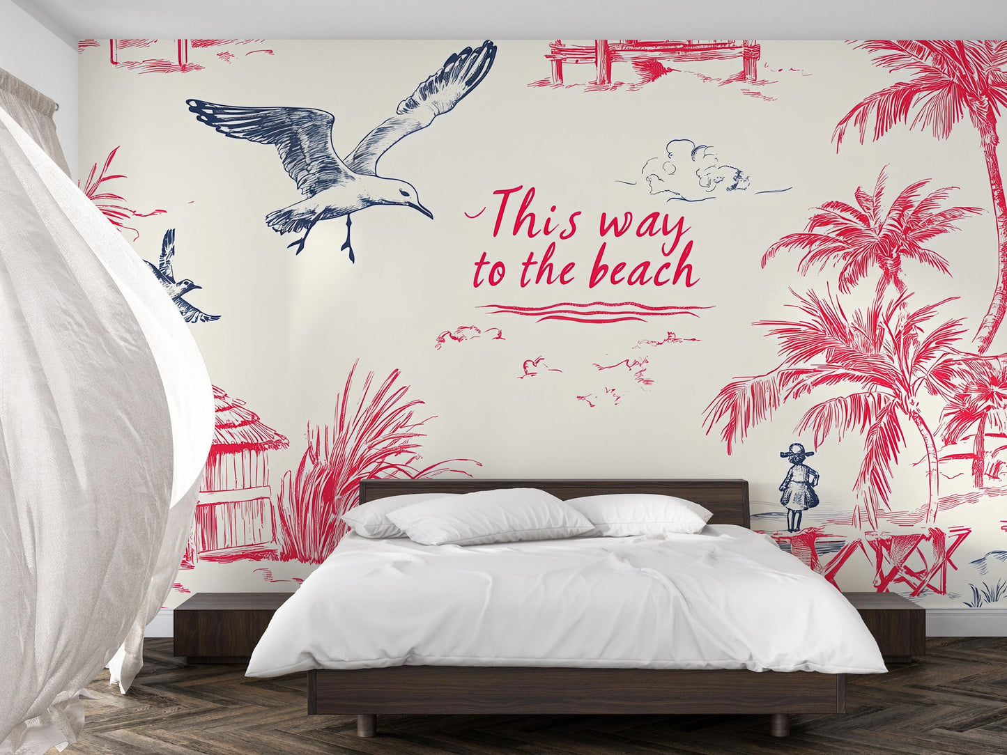 Beach Wall Mural | Coastal Bedroom Wallpaper | Tropical Palm Tree & Seagull Art | This Way to the Beach Ocean Wall Decor Vn718