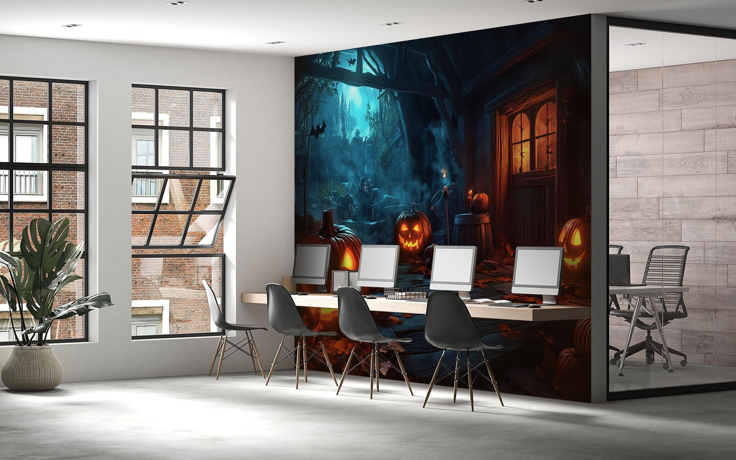 Haunted Pumpkin Path Wall Mural – Spooky Halloween Wallpaper for Office or Home Decor Vn788