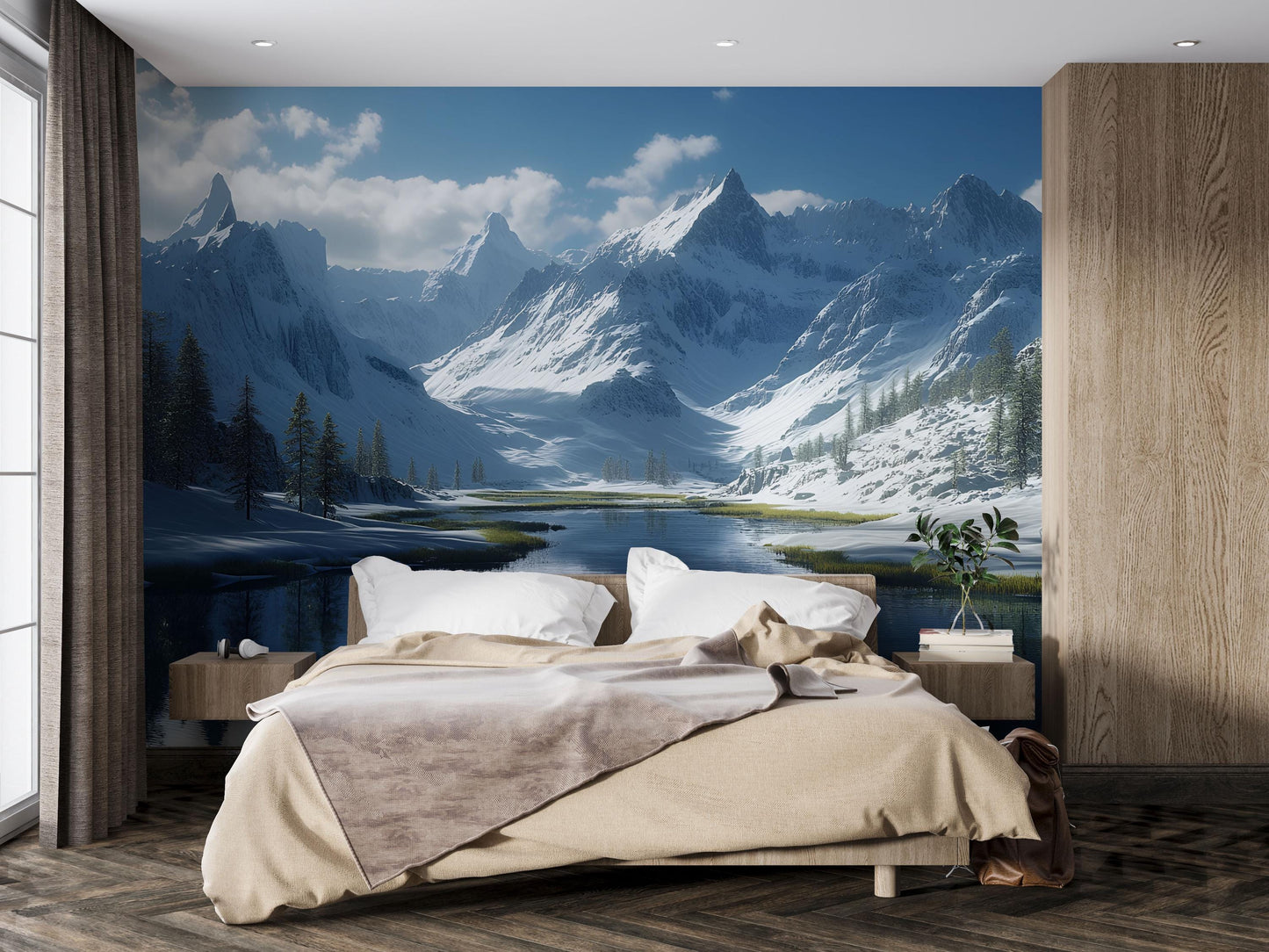 Snowy Mountain Wall Mural | Winter Landscape Bedroom Wallpaper Vn696
