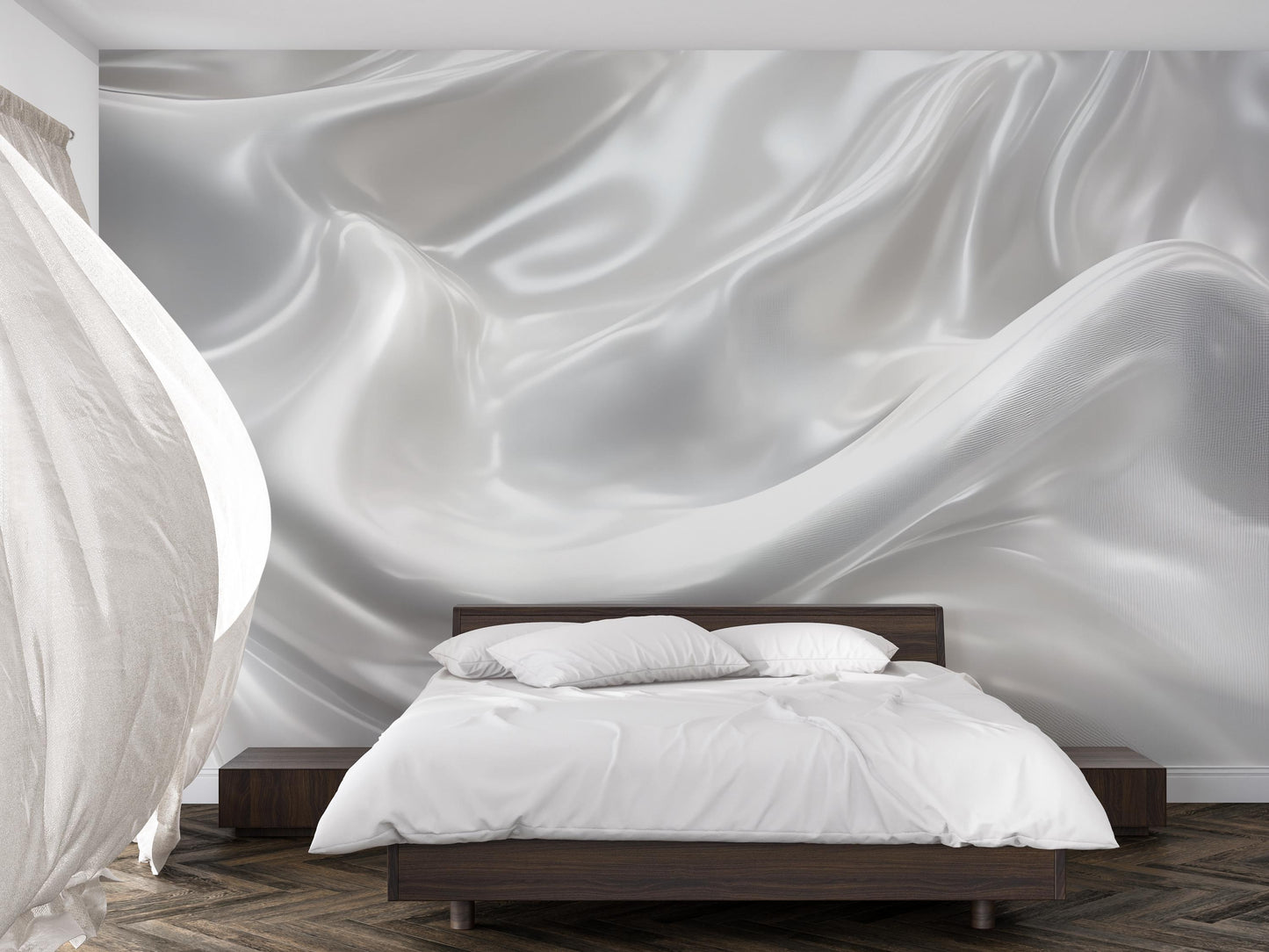 Modern Loft Bedroom Wall Art - White Satin Abstract Wallpaper Mural - Luxury Textured Fabric Effect - Minimalist Interior Decor Vn583