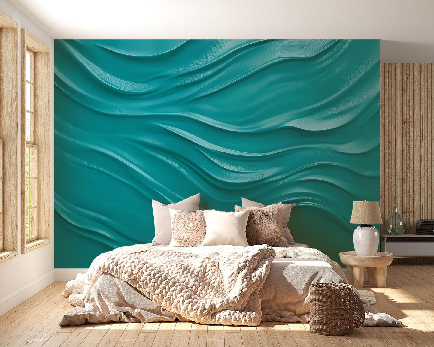 3D Teal Wave Wall Art Mural – Modern Bedroom Accent Wallpaper, Ocean-Inspired Abstract Texture, Bold Home Decor for Sloped Walls Vn651