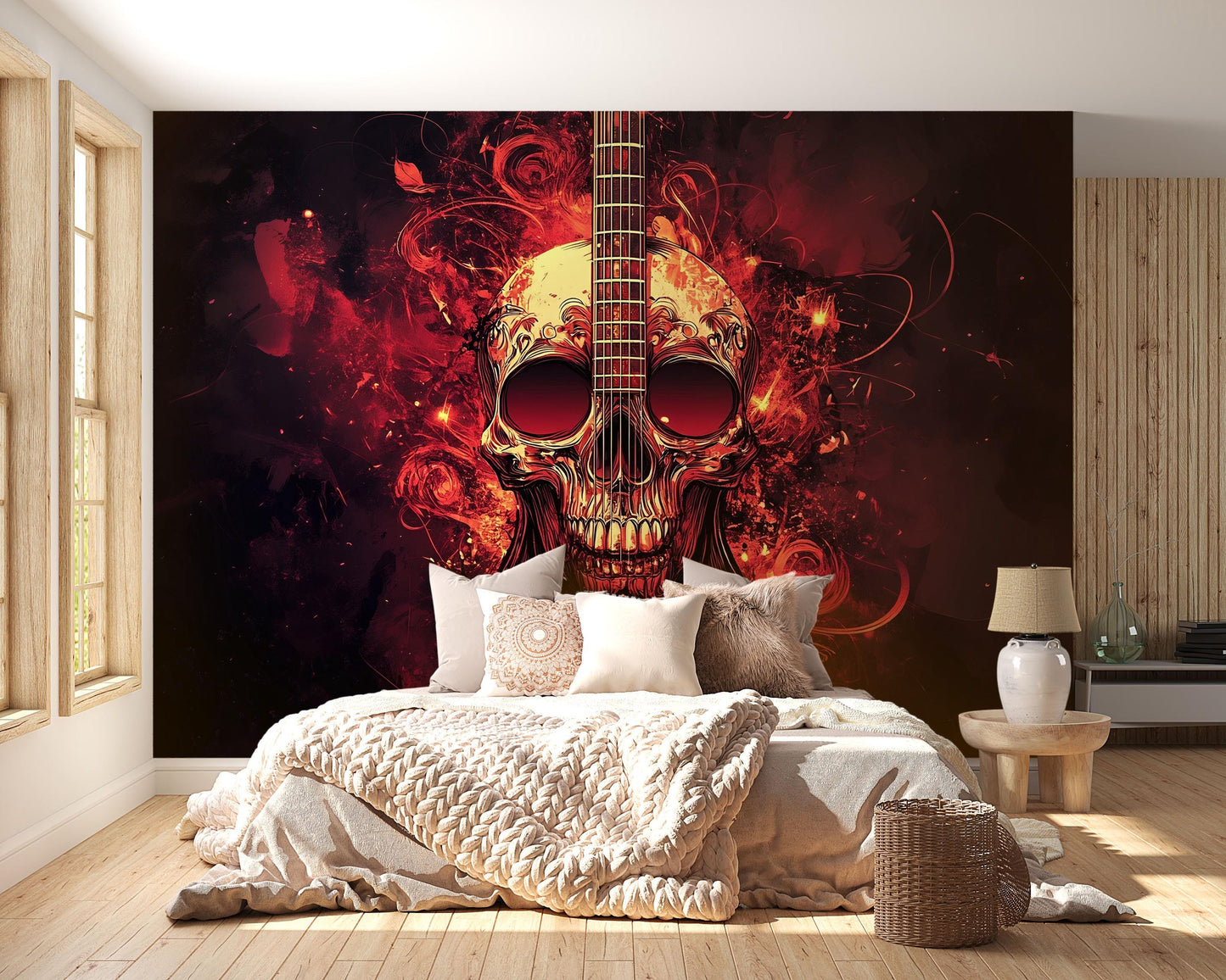 Skull Guitar Wall Mural | Rock Music Bedroom Decor | Gothic Fire Skull Art Wallpaper | Cool Musician Wall Art Vn720