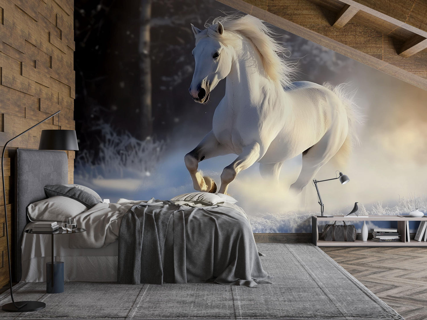 White Horse in Snow Wall Mural – Majestic Winter Stallion Wallpaper for Bedroom or Living Room  Vn782